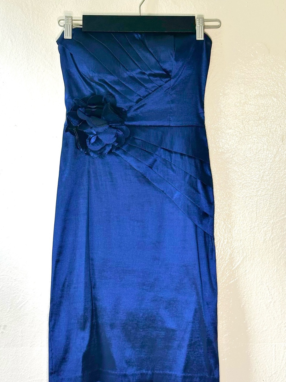 Romeo & Juliet Couture Strapless Sapphire Blue Satin Dress with Floral Accent